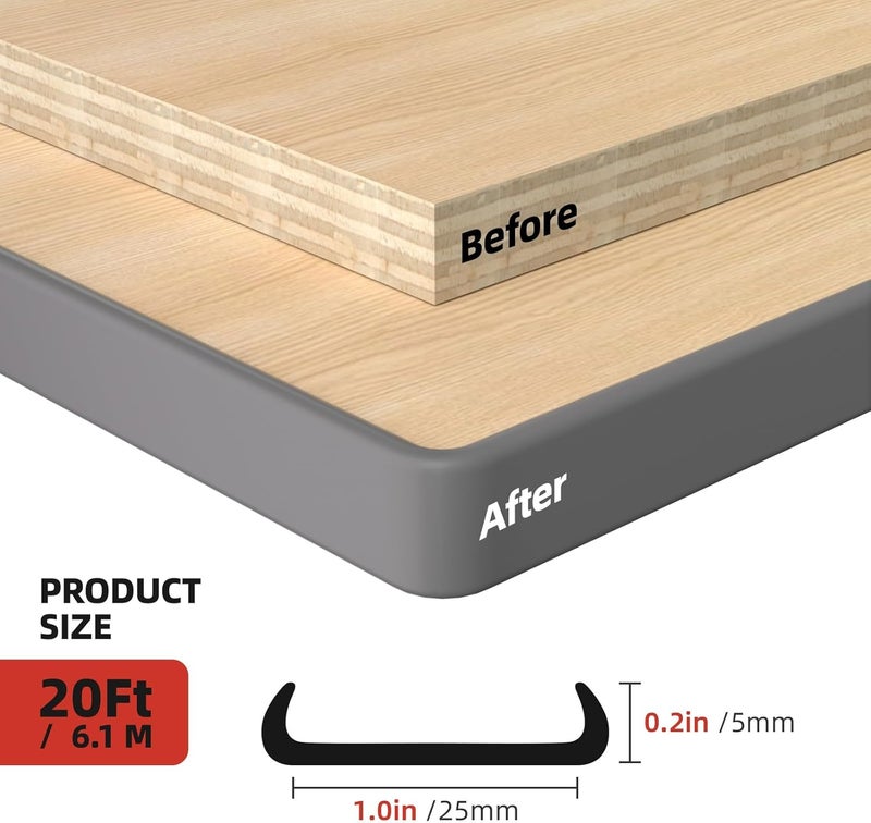 Orgthin U-Shape Edge Banding, 1 inch x 20ft Edge TPE Self Adhesive Veneer Edging Trim Flexible Edge Protector, Strip for Countertop Cabinets Table Restoration Shelves, Grey - Image 3